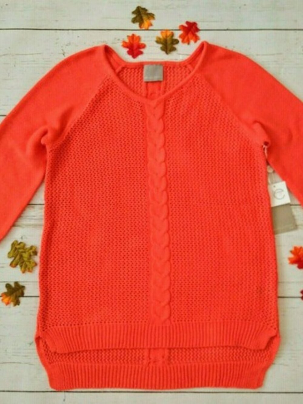Evolution Cable Lace Knit Tunic Sweater XL V-Neck 3/4 Sleeves Orange Beautiful